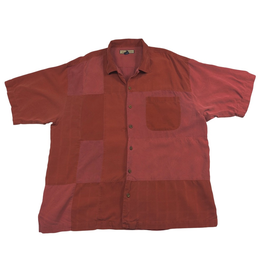 Tommy Bahama Mens XL Red Patchwork 100% Silk Short Sleeve Button Up Camp Shirt